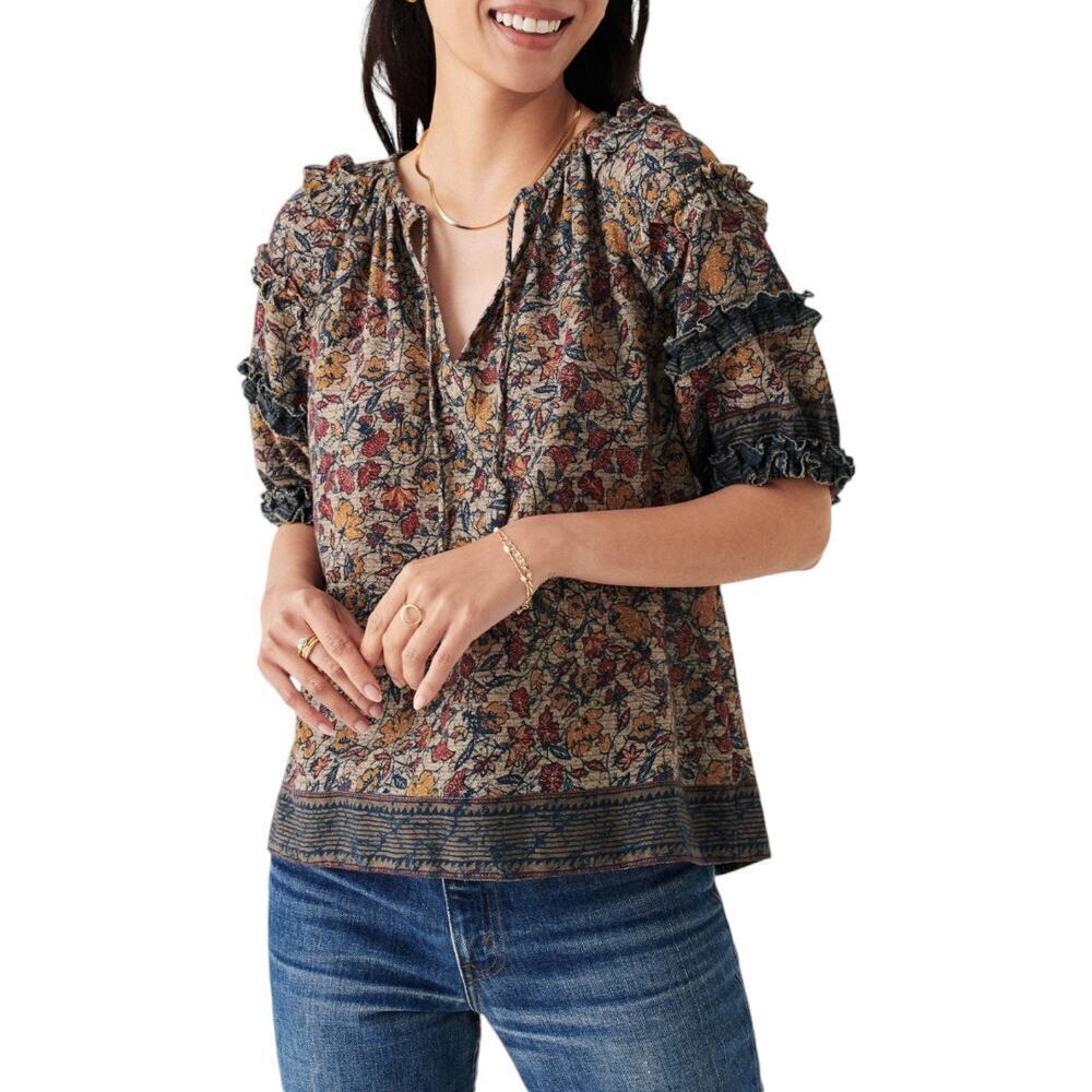 Faherty Multicolor Floral Peasant Blouse - Navy, Rust, Cream